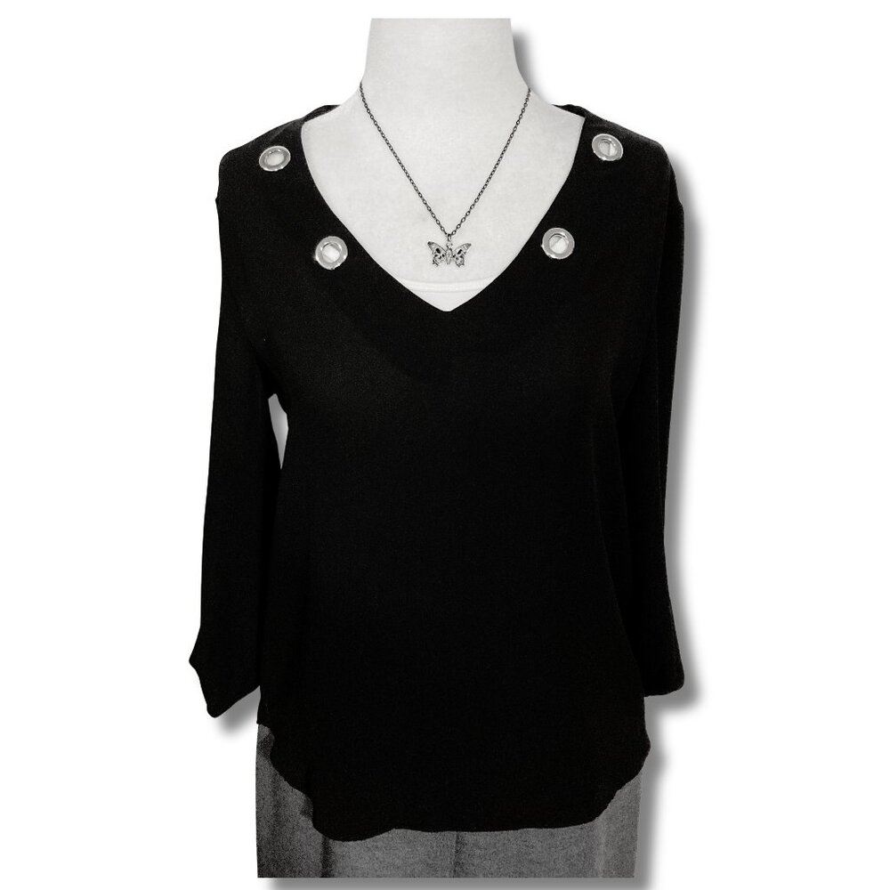 WAREHOUSE ONE Black semi-sheer shirt with silver tone grommets ~ XS SMALL top
